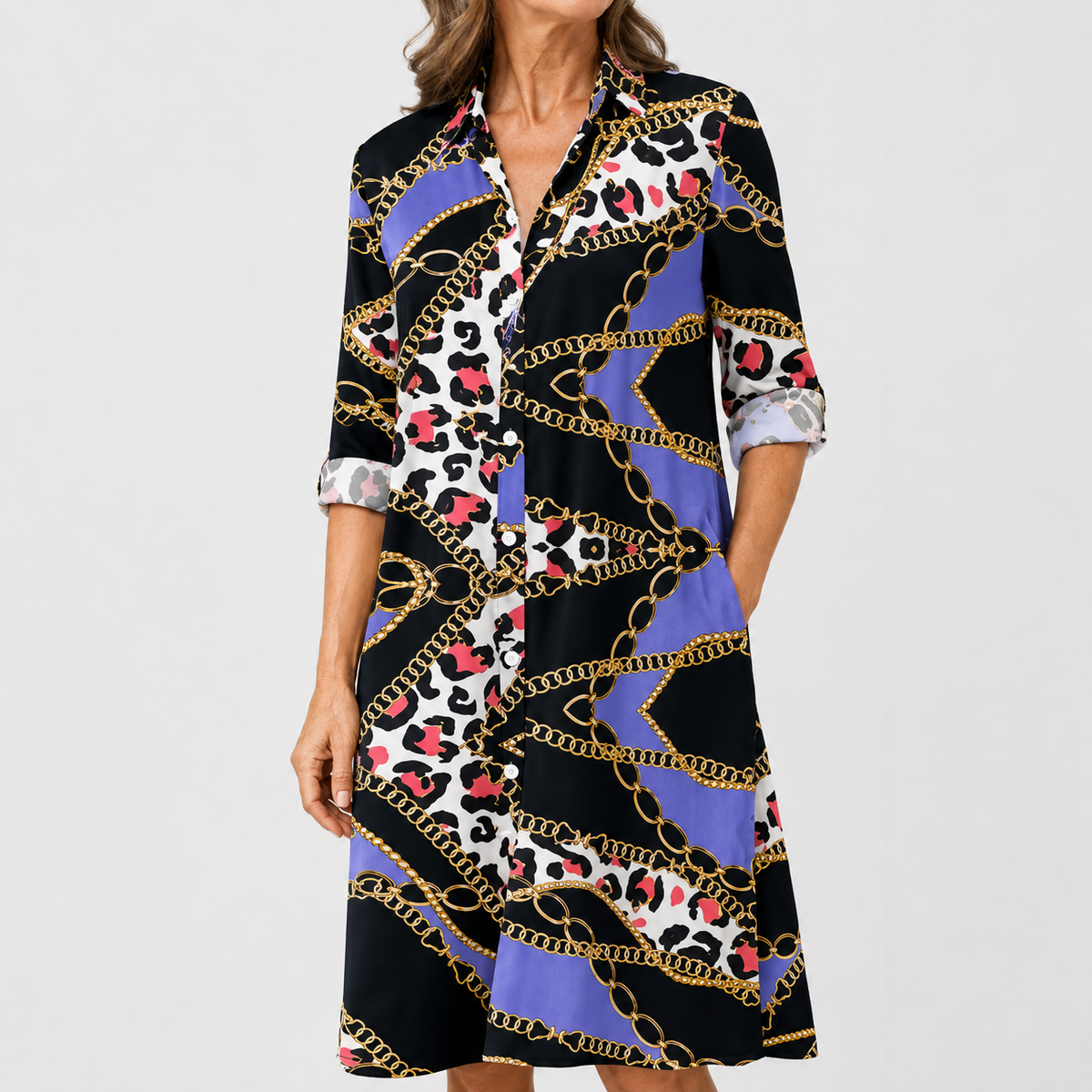 Vestido Camisero Estampado de Cadenas