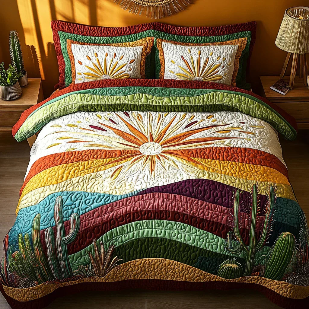 Juego de cama acolchado de 3 piezas - Atardecer sobre los Cactus