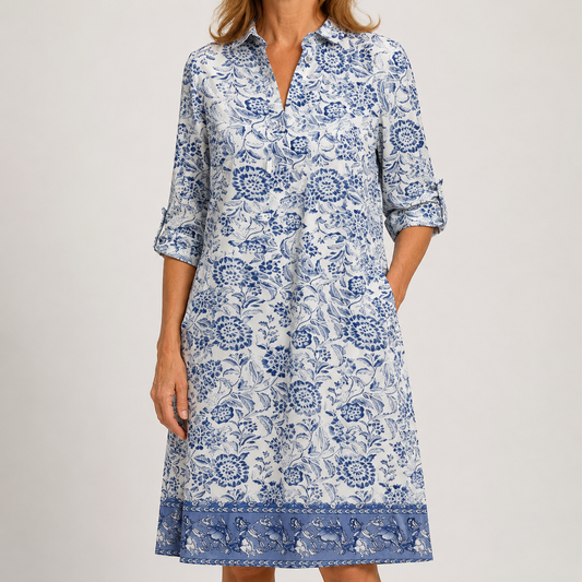 Vestido Botánico Azul con Cenefa