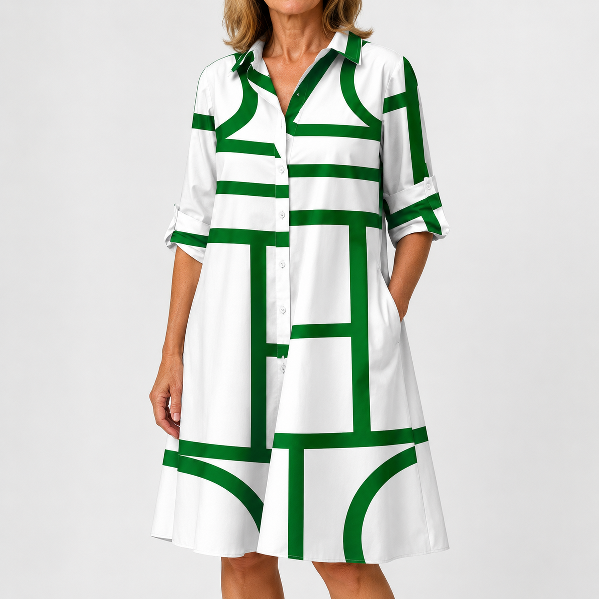 Vestido Camisero Geométrico Verde