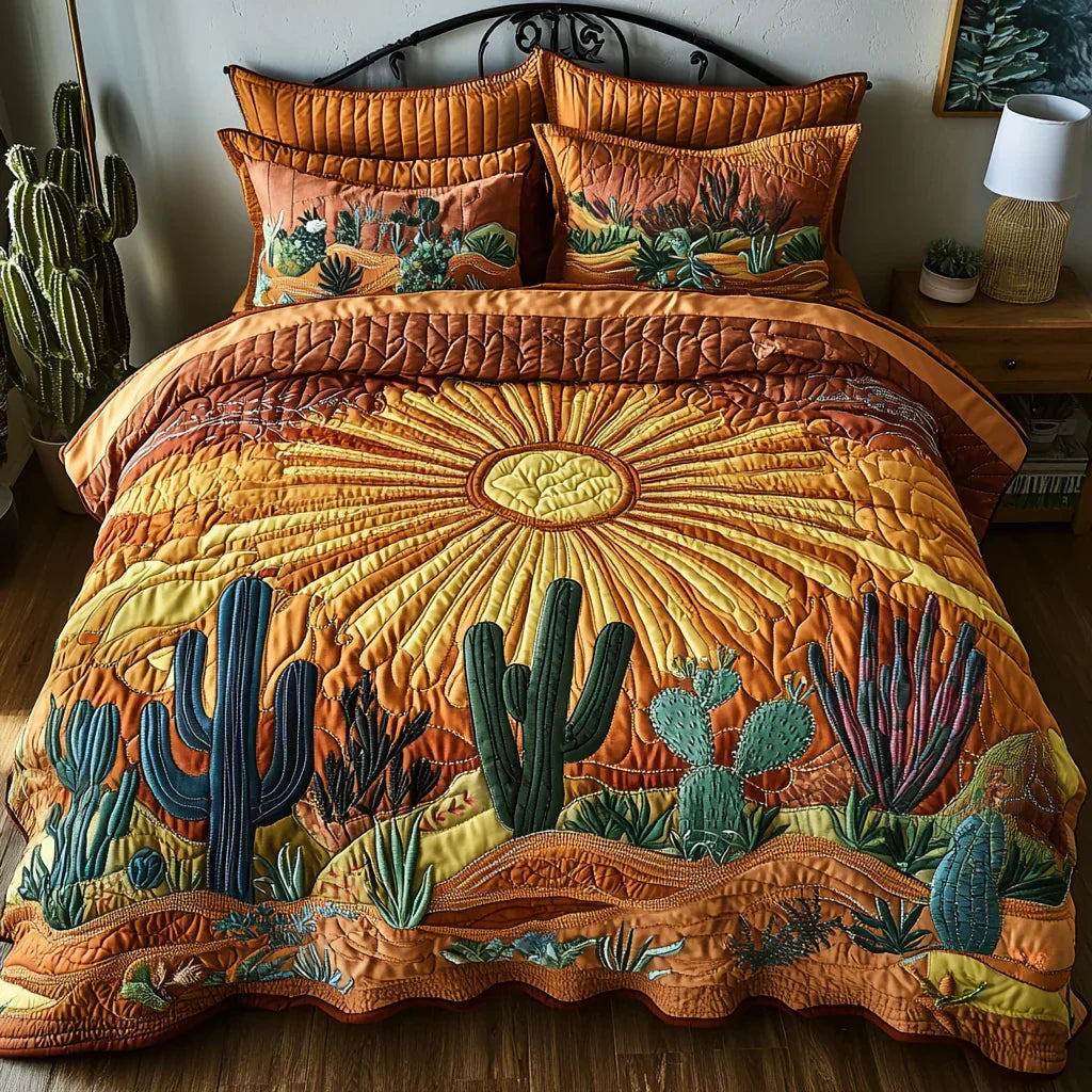 Juego de cama acolchado de 3 piezas - Amanecer sobre los cactus