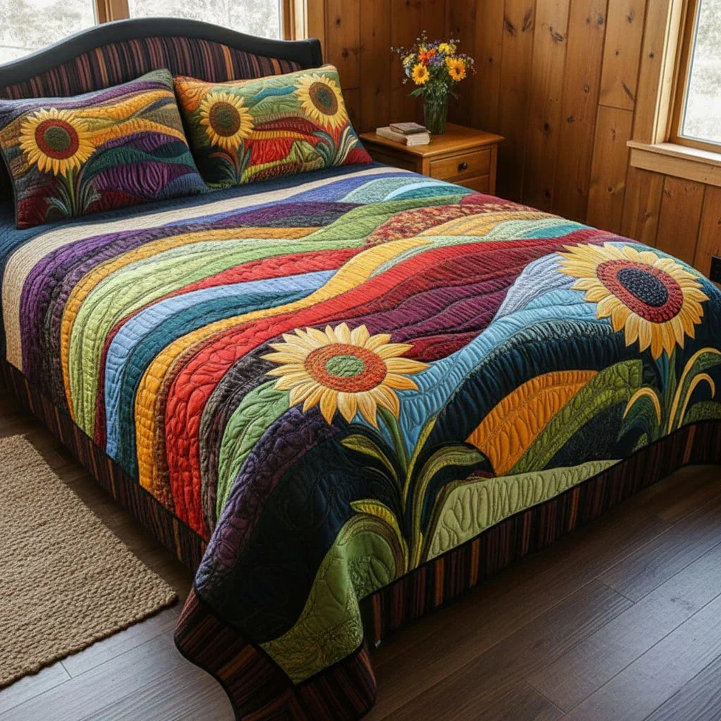 Juego de cama acolchado de 3 piezas - Campo de Girasoles