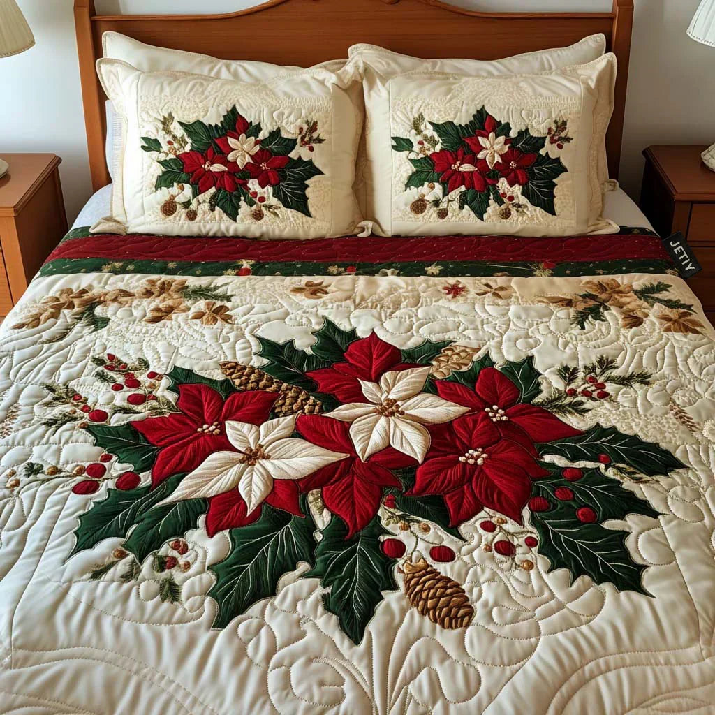 Juego de cama acolchado de 3 piezas - Encanto de Poinsettias