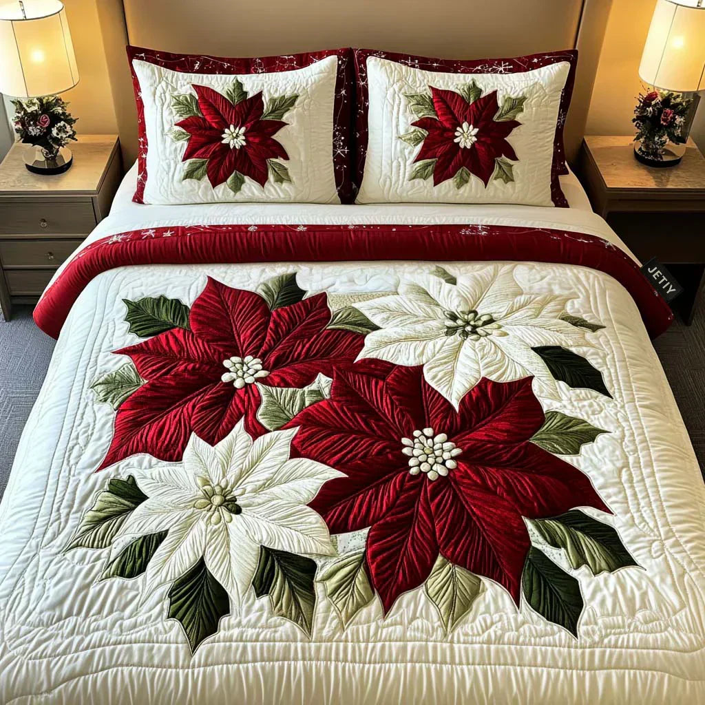 Juego de cama acolchado de 3 piezas - Poinsettias de Invierno