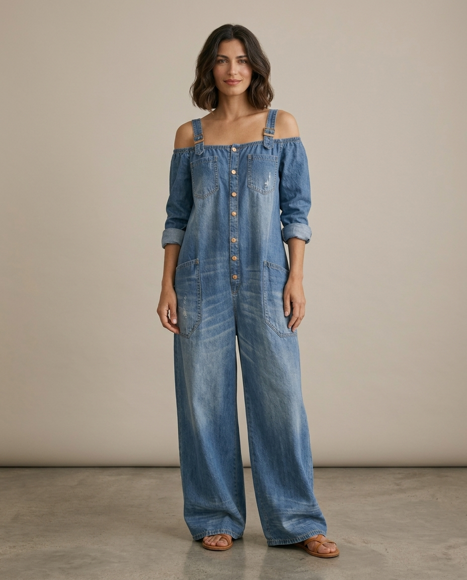 Ruth | Mono Azul Off Shoulder Pernera Ancha