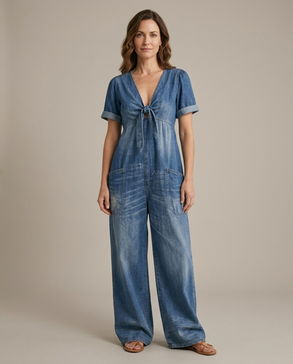 Lola | Mono Azul Escote en V Pernera Ancha